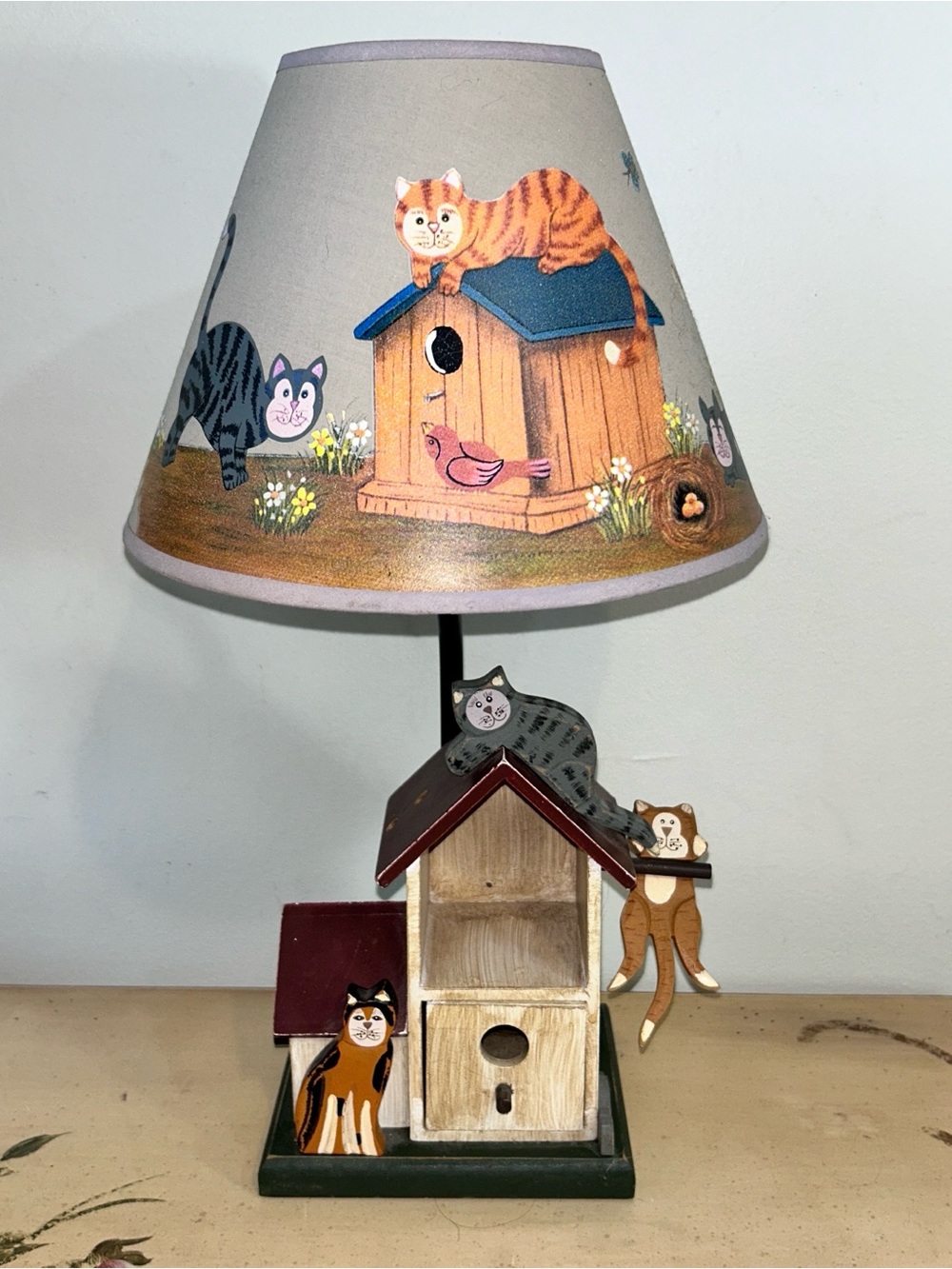 Vintage Rare Whimsical Cat & Birdhouse Hand Painted Wood Table Lamp